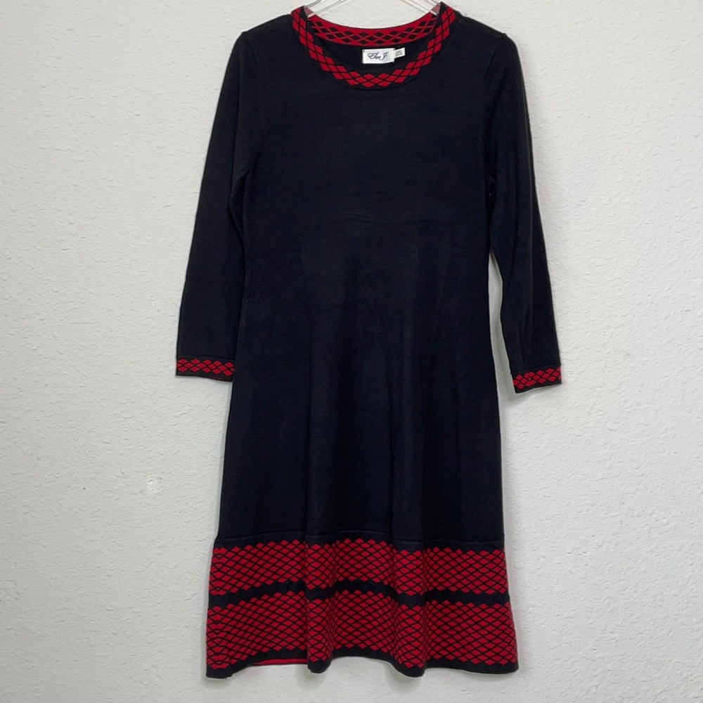 NEW Eliza J Black Red Lattice Trim Detail Long Sleeve Sweater Midi Dress Sz. M